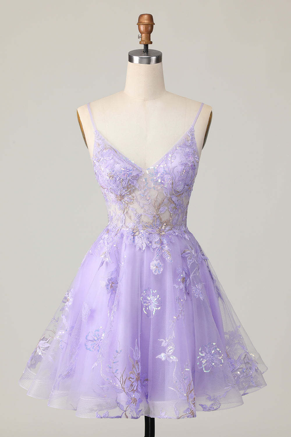Leely Women Sparkly Purple Short Floral Homecoming Dress Sequins A Line Spaghetti Straps Cocktail Dress