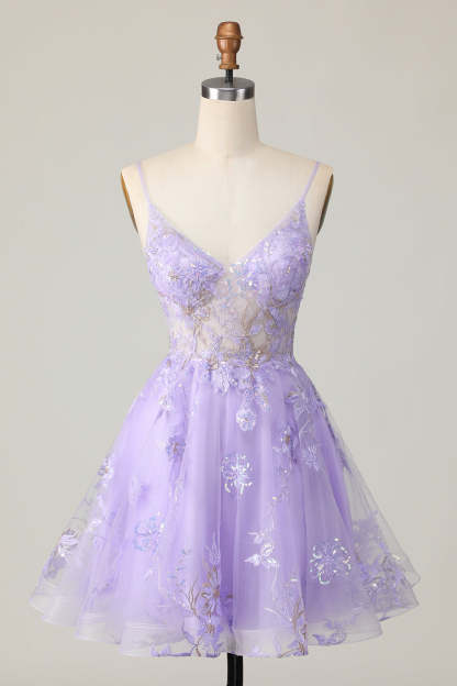 Leely Women Sparkly Purple Short Floral Homecoming Dress Sequins A Line Spaghetti Straps Cocktail Dress