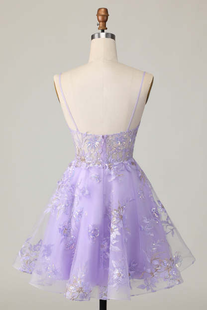 Sparkly Purple A Line Short Floral Homecoming Dress with Sequins