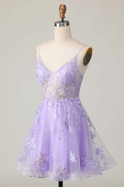 Sparkly Purple A Line Short Floral Homecoming Dress with Sequins