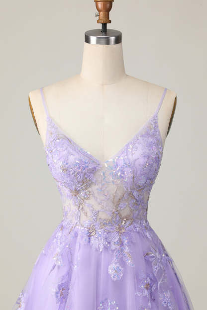 Sparkly Purple A Line Short Floral Homecoming Dress with Sequins