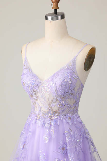Sparkly Purple A Line Short Floral Homecoming Dress with Sequins