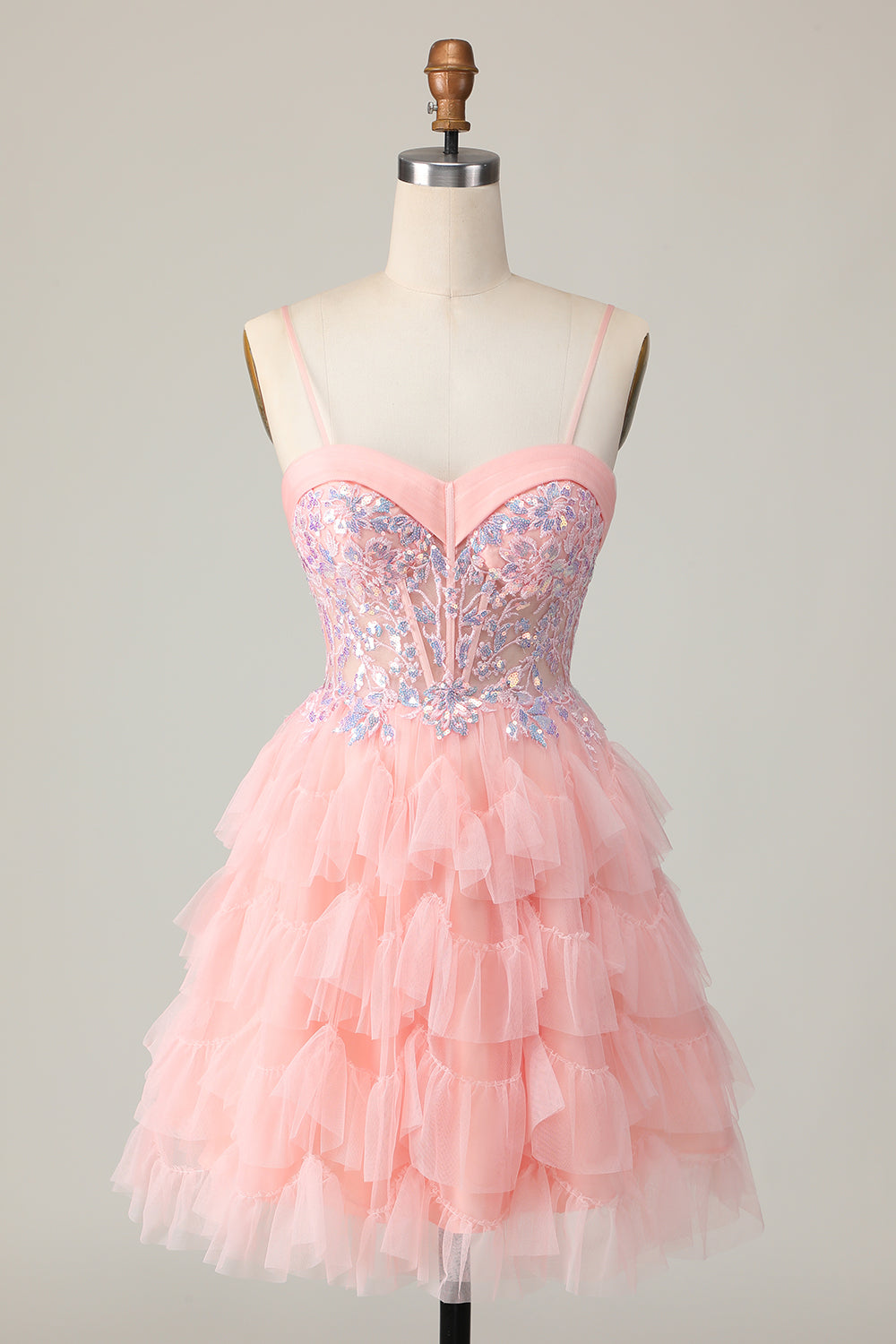 Pink Tulle Spaghetti Straps Corset Sequins Short Homecoming Dress with Ruffles
