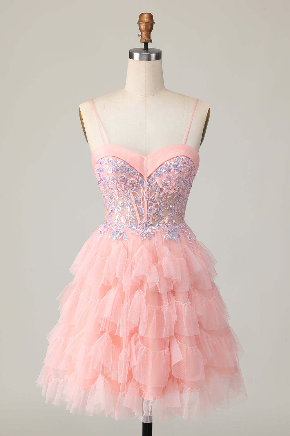 Leely Women Sparkly Pink Tulle Short Corset Sequins Homecoming Dress with Ruffles Spaghetti Straps A Line Birthday Dress