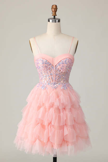 Leely Women Sparkly Pink Tulle Short Corset Sequins Homecoming Dress with Ruffles Spaghetti Straps A Line Birthday Dress