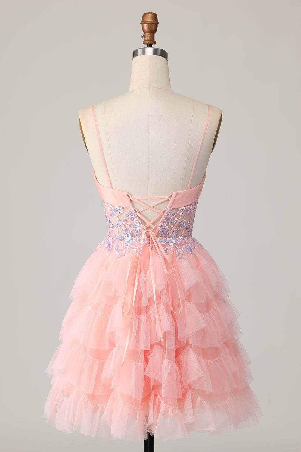 Pink Tulle Spaghetti Straps Corset Sequins Short Homecoming Dress with Ruffles
