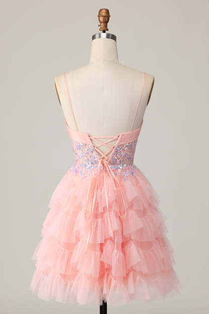 Pink Tulle Spaghetti Straps Corset Sequins Short Homecoming Dress with Ruffles