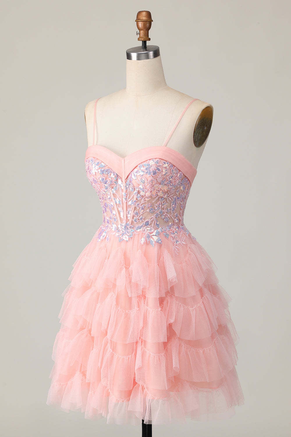 Pink Tulle Spaghetti Straps Corset Sequins Short Homecoming Dress with Ruffles