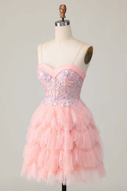 Pink Tulle Spaghetti Straps Corset Sequins Short Homecoming Dress with Ruffles