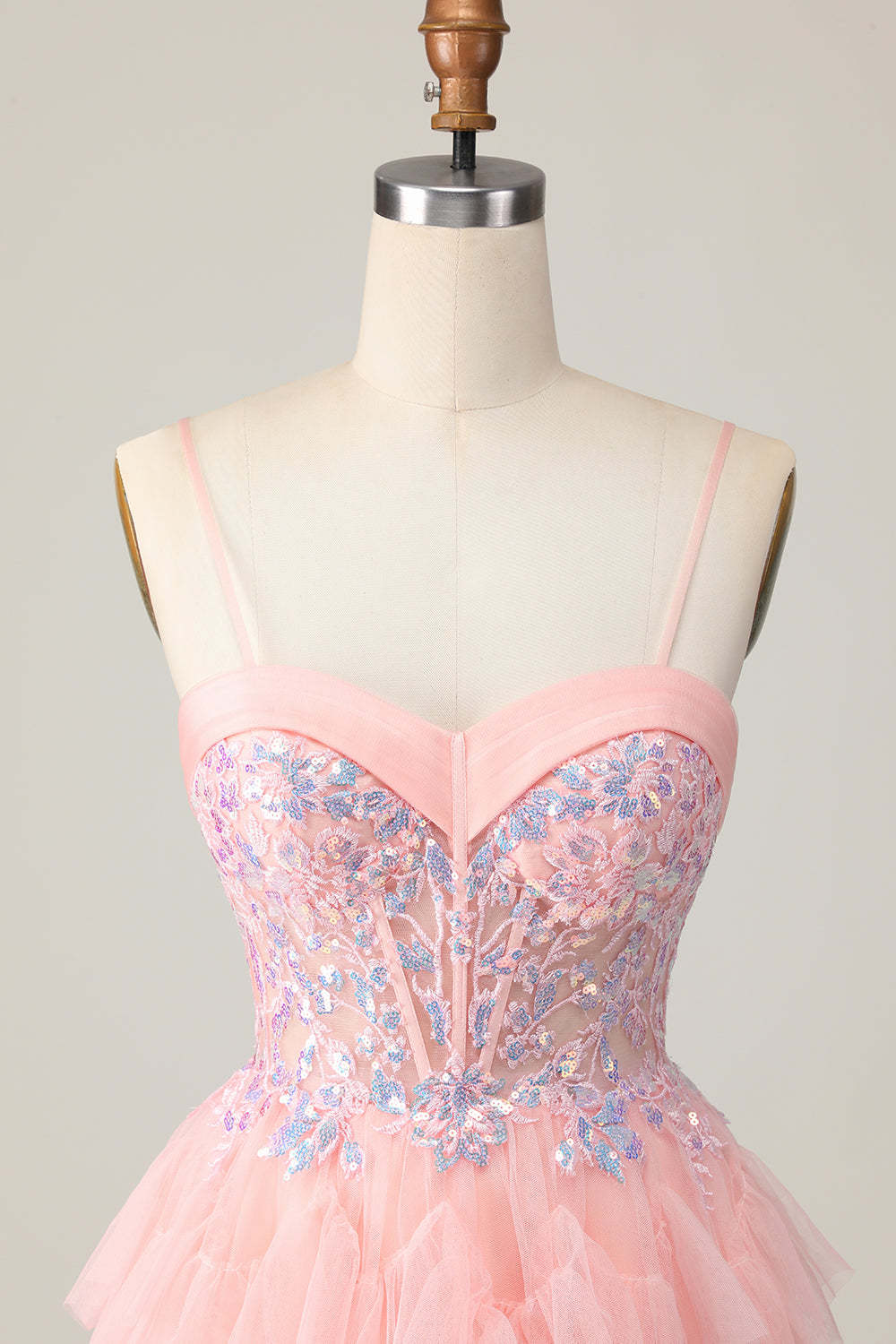 Pink Tulle Spaghetti Straps Corset Sequins Short Homecoming Dress with Ruffles