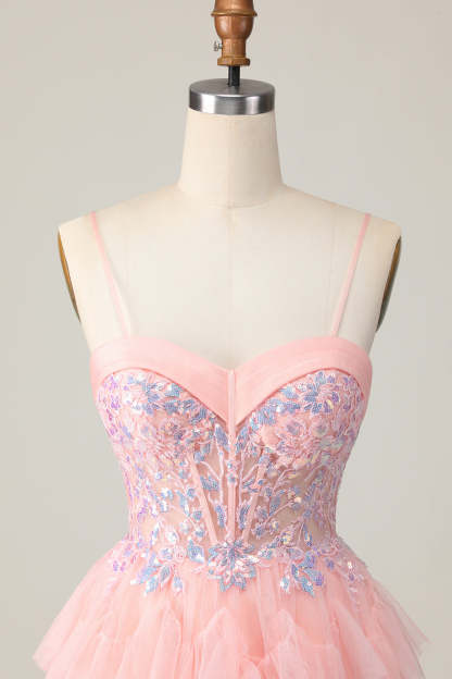 Pink Tulle Spaghetti Straps Corset Sequins Short Homecoming Dress with Ruffles
