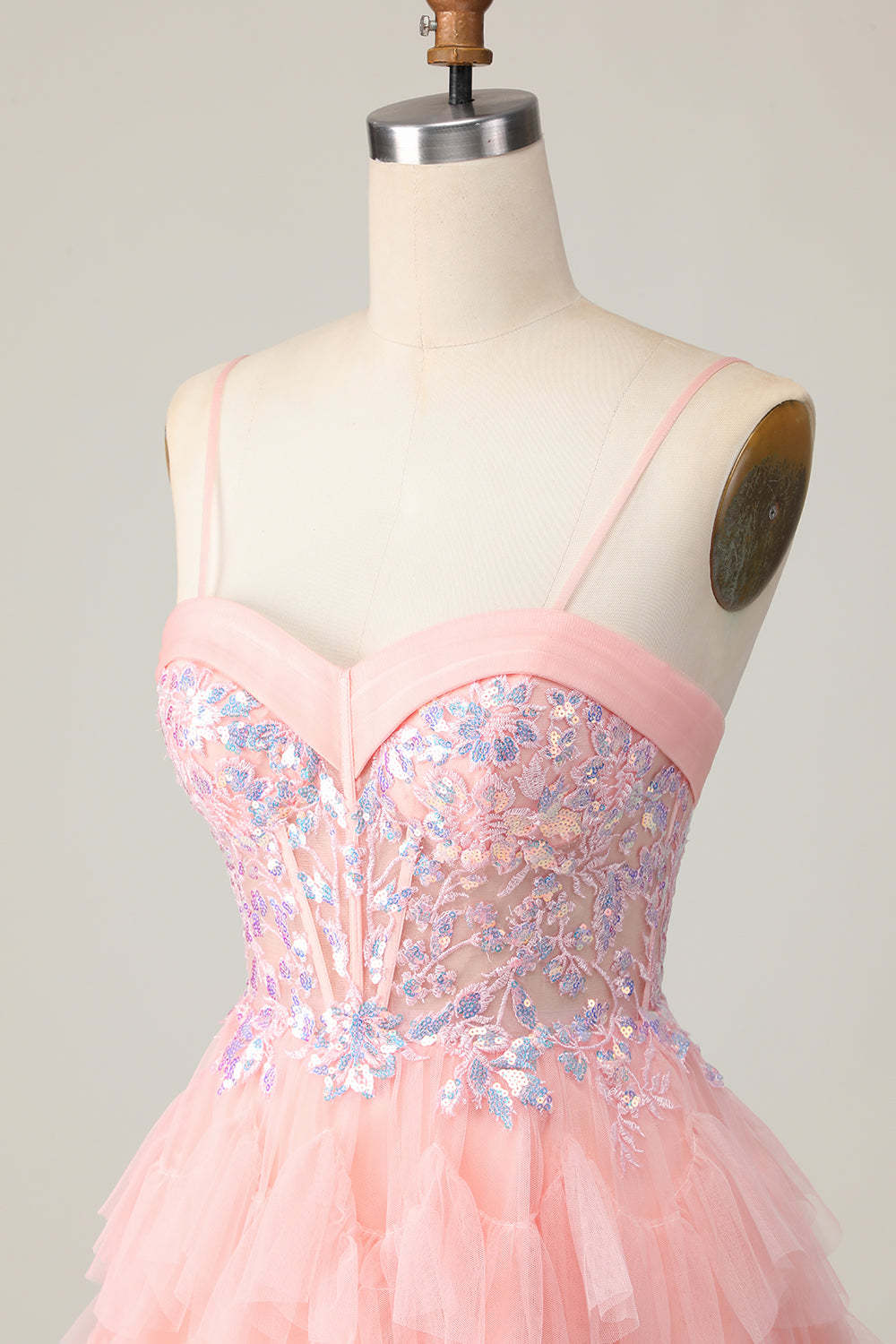 Pink Tulle Spaghetti Straps Corset Sequins Short Homecoming Dress with Ruffles