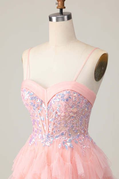 Pink Tulle Spaghetti Straps Corset Sequins Short Homecoming Dress with Ruffles
