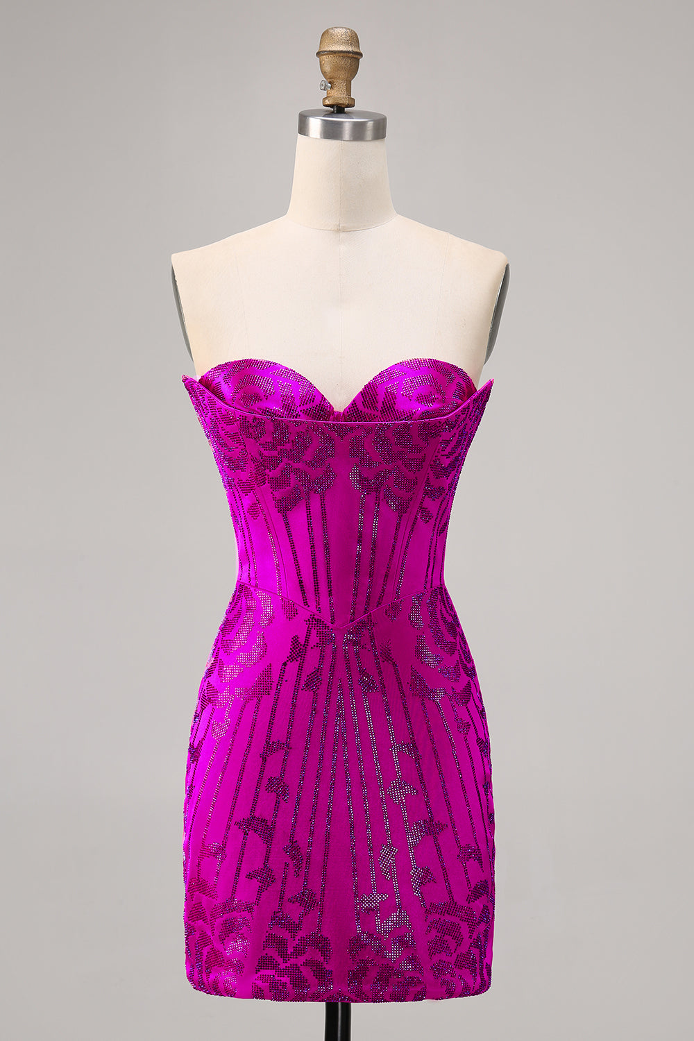 Sparkly Fuchsia Sweetheart Corset Tight Short Homecoming Dress with Rhinestones