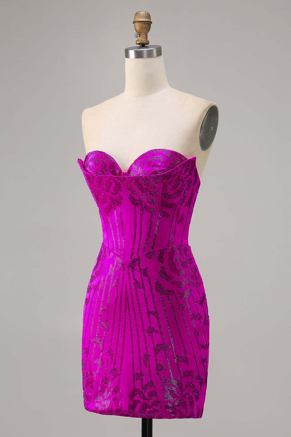 Sparkly Fuchsia Sweetheart Corset Tight Short Homecoming Dress with Rhinestones