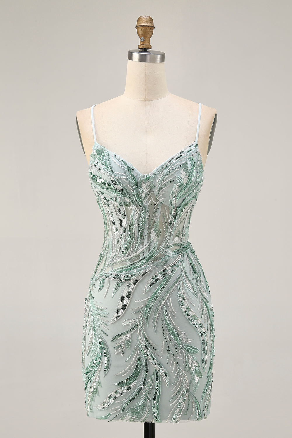 Green Corset Spaghetti Straps Sparkly Short Homecoming Dress with Sequins