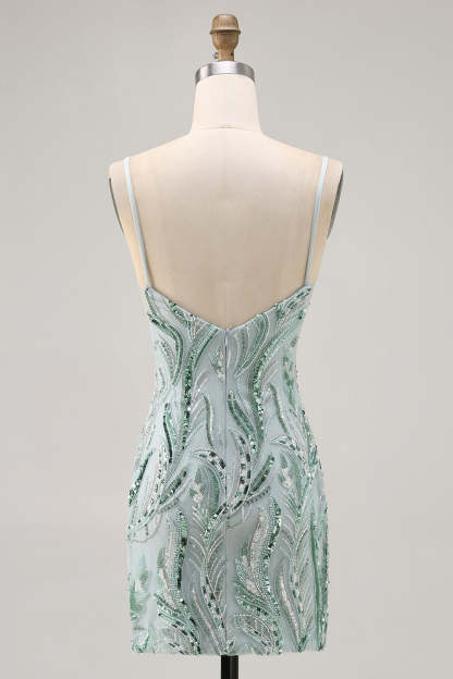 Sparkly Beaded Green Tight Short Homecoming Dress with Sequins