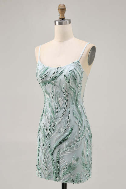Sparkly Beaded Green Tight Short Homecoming Dress with Sequins