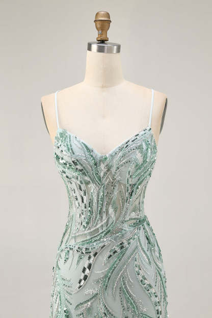 Green Corset Spaghetti Straps Sparkly Short Homecoming Dress with Sequins