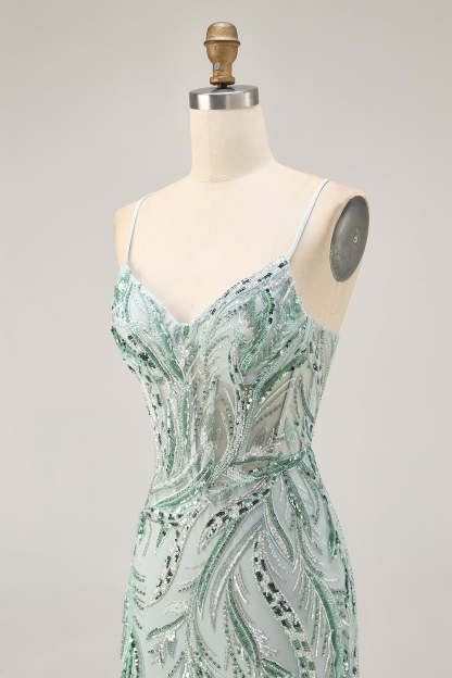 Green Corset Spaghetti Straps Sparkly Short Homecoming Dress with Sequins