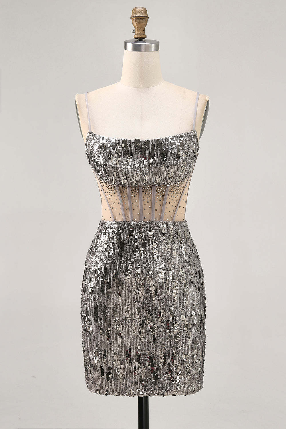Leely Women Sparkly Steel Grey Tight Sequined Short Corset Homecoming Dress with Rhinestones Spaghetti Straps Cocktail Dress