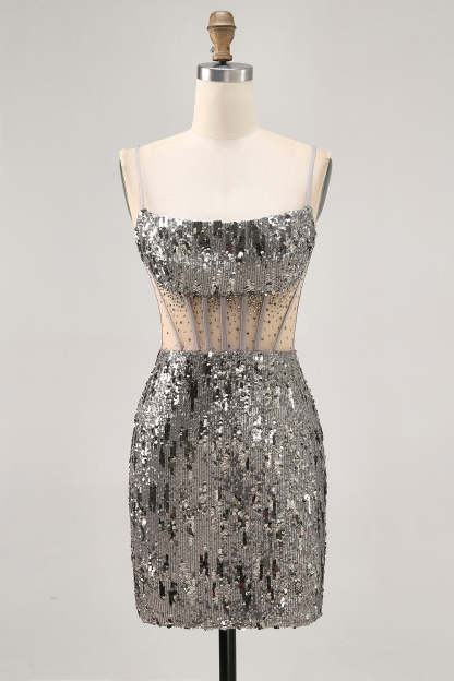 Leely Women Sparkly Steel Grey Tight Sequined Short Corset Homecoming Dress with Rhinestones Spaghetti Straps Cocktail Dress