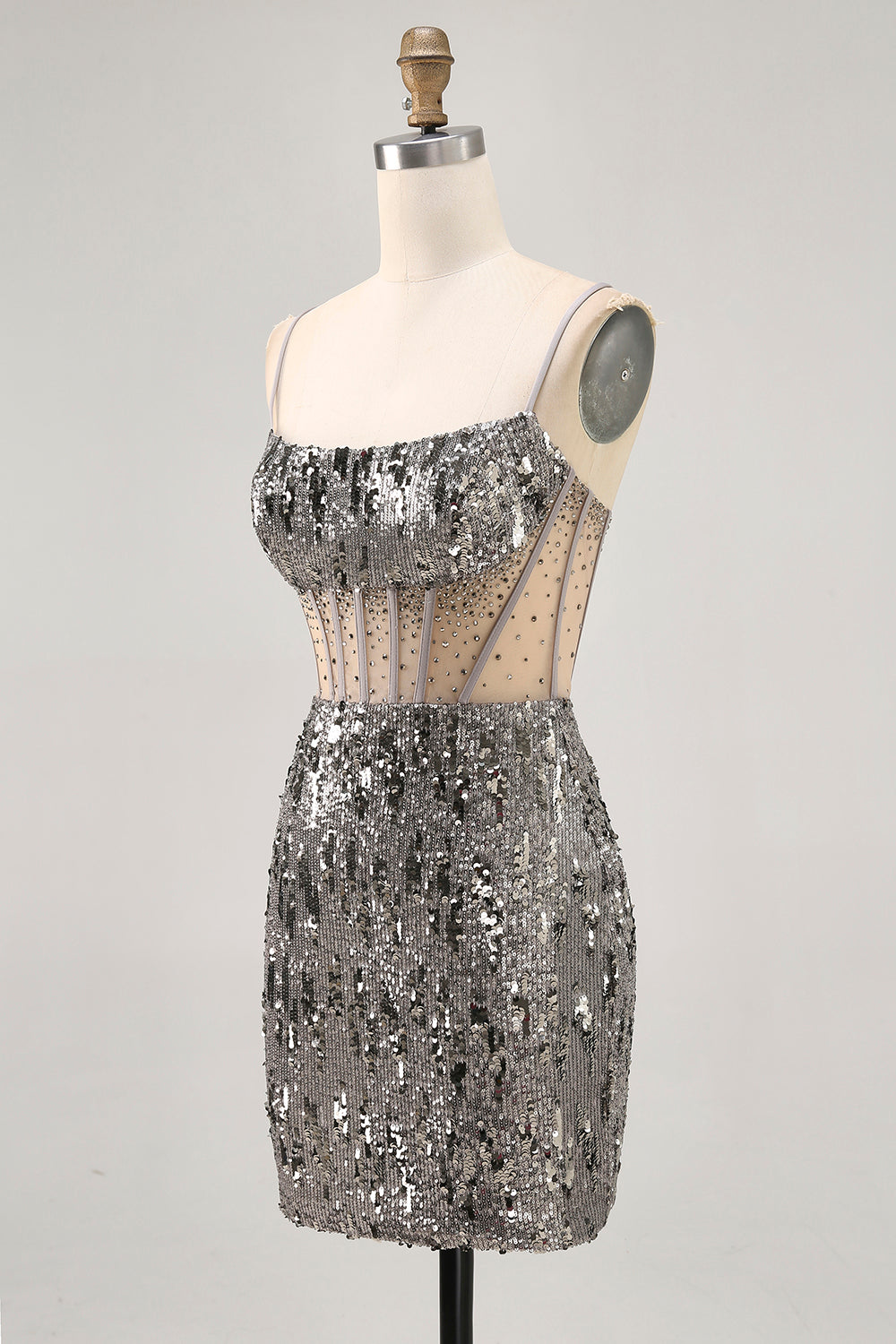 Sparkly Steel Grey Sequined Tight Short Corset Homecoming Dress with Rhinestones