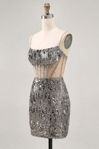Sparkly Steel Grey Sequined Tight Short Corset Homecoming Dress with Rhinestones