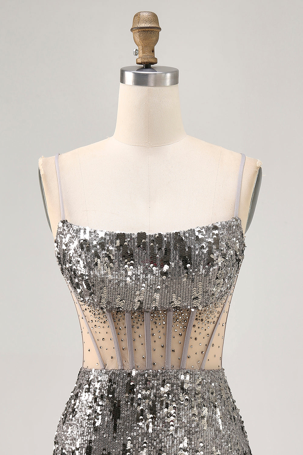 Sparkly Steel Grey Sequined Tight Short Corset Homecoming Dress with Rhinestones