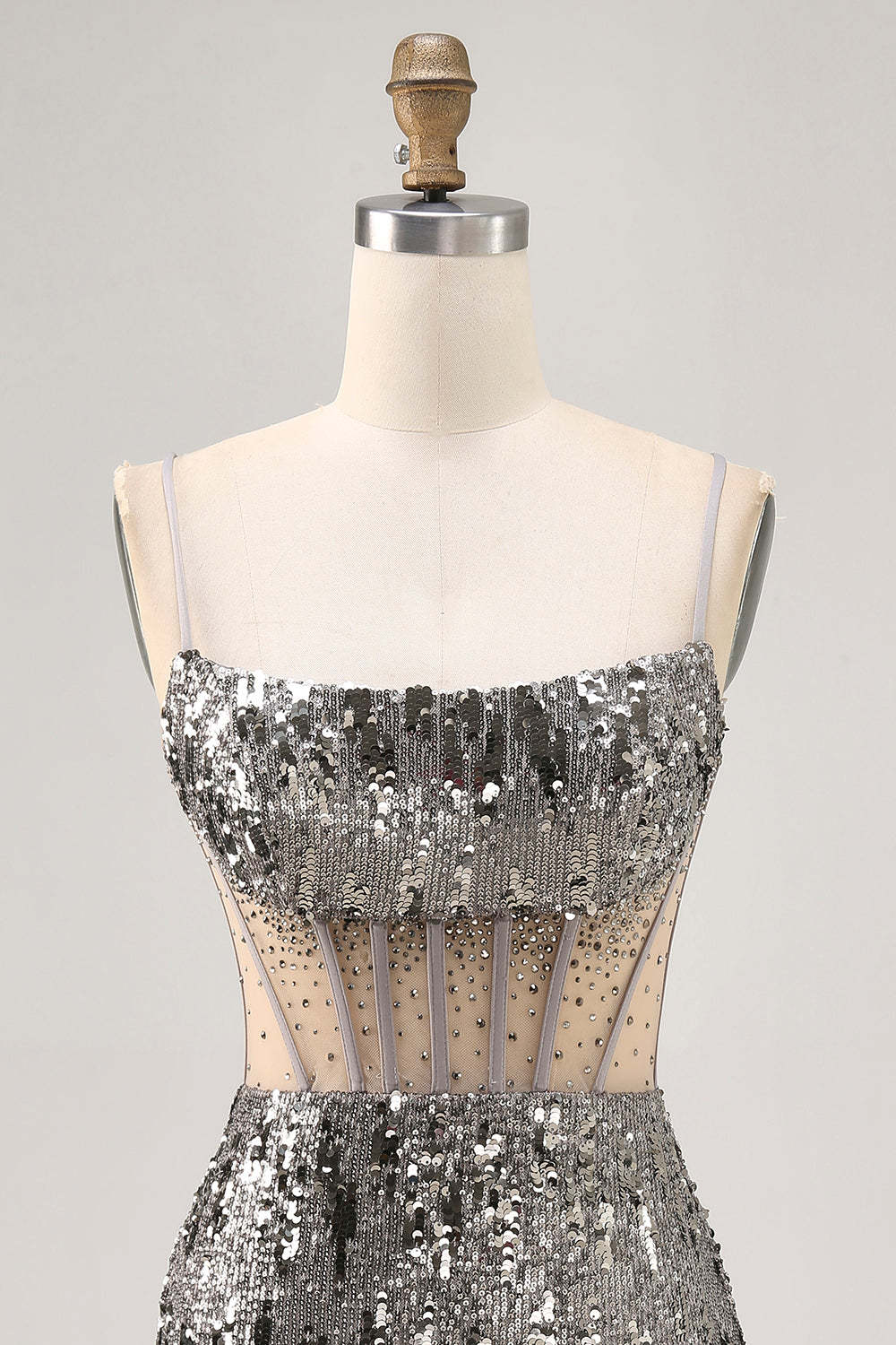 Sparkly Steel Grey Sequined Tight Short Corset Homecoming Dress with Rhinestones