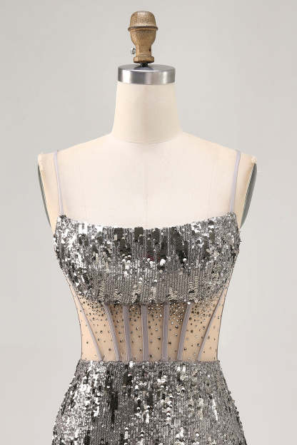 Sparkly Steel Grey Sequined Tight Short Corset Homecoming Dress with Rhinestones