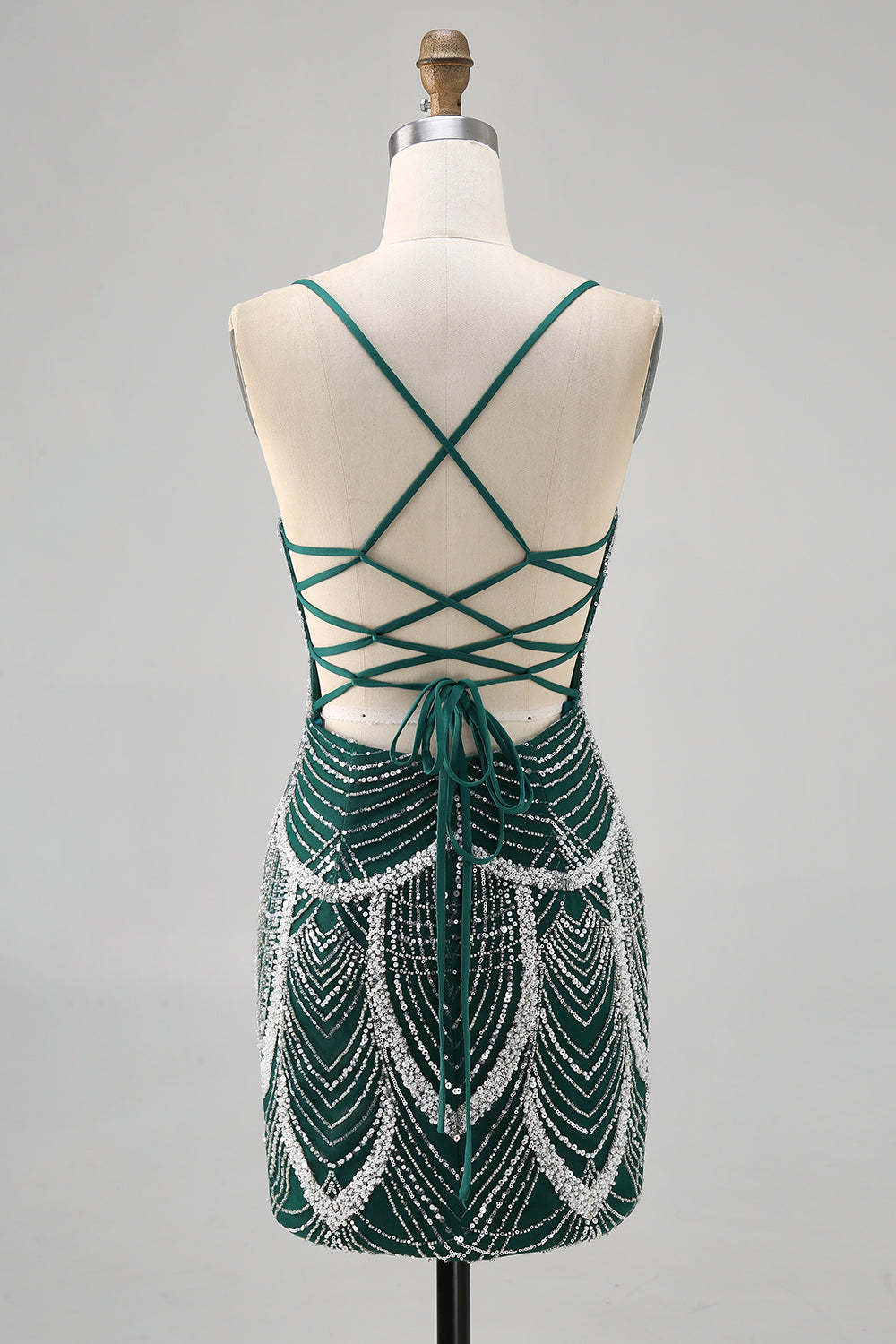 Sparkly Dark Green Short Tight Beaded Lace up Back Homecoming Dress