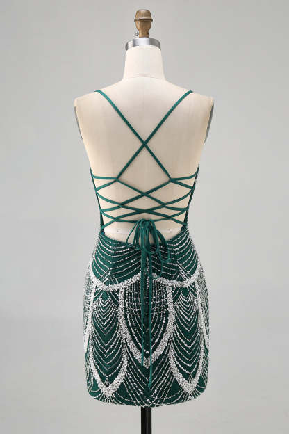 Sparkly Dark Green Short Tight Beaded Lace up Back Homecoming Dress