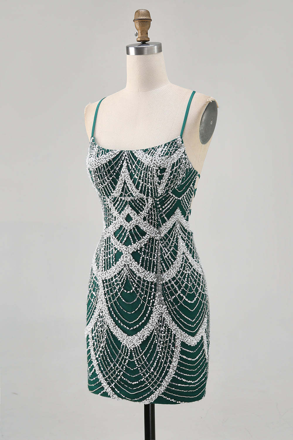 Sparkly Dark Green Short Tight Beaded Lace up Back Homecoming Dress