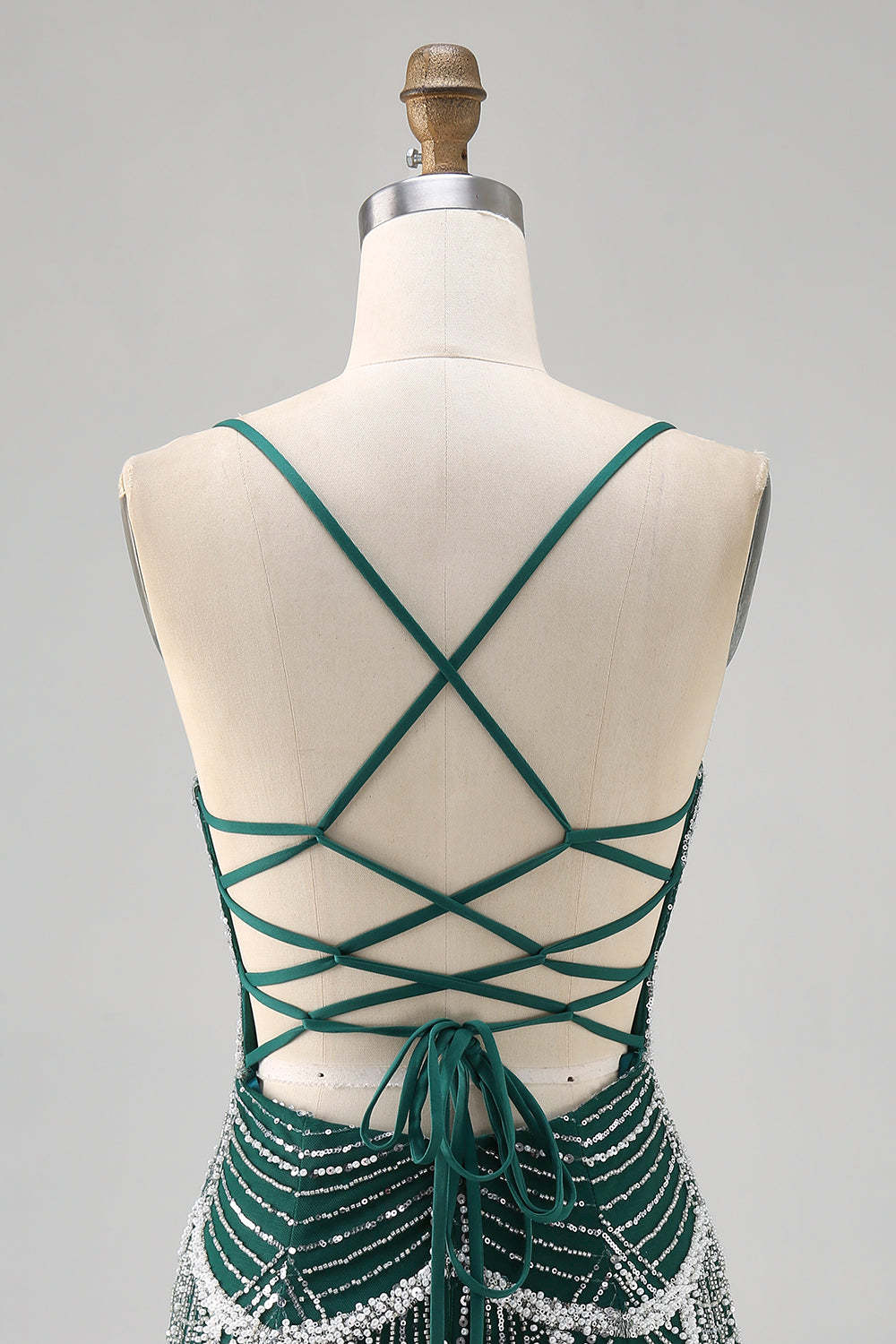 Sparkly Dark Green Short Tight Beaded Lace up Back Homecoming Dress