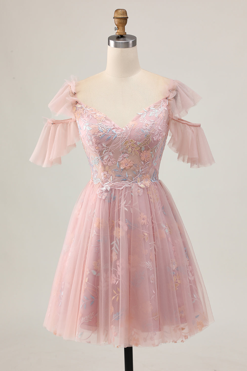 Blush Floral Cold Shoulder Embroidered Short Homecoming Dress with Ruffles