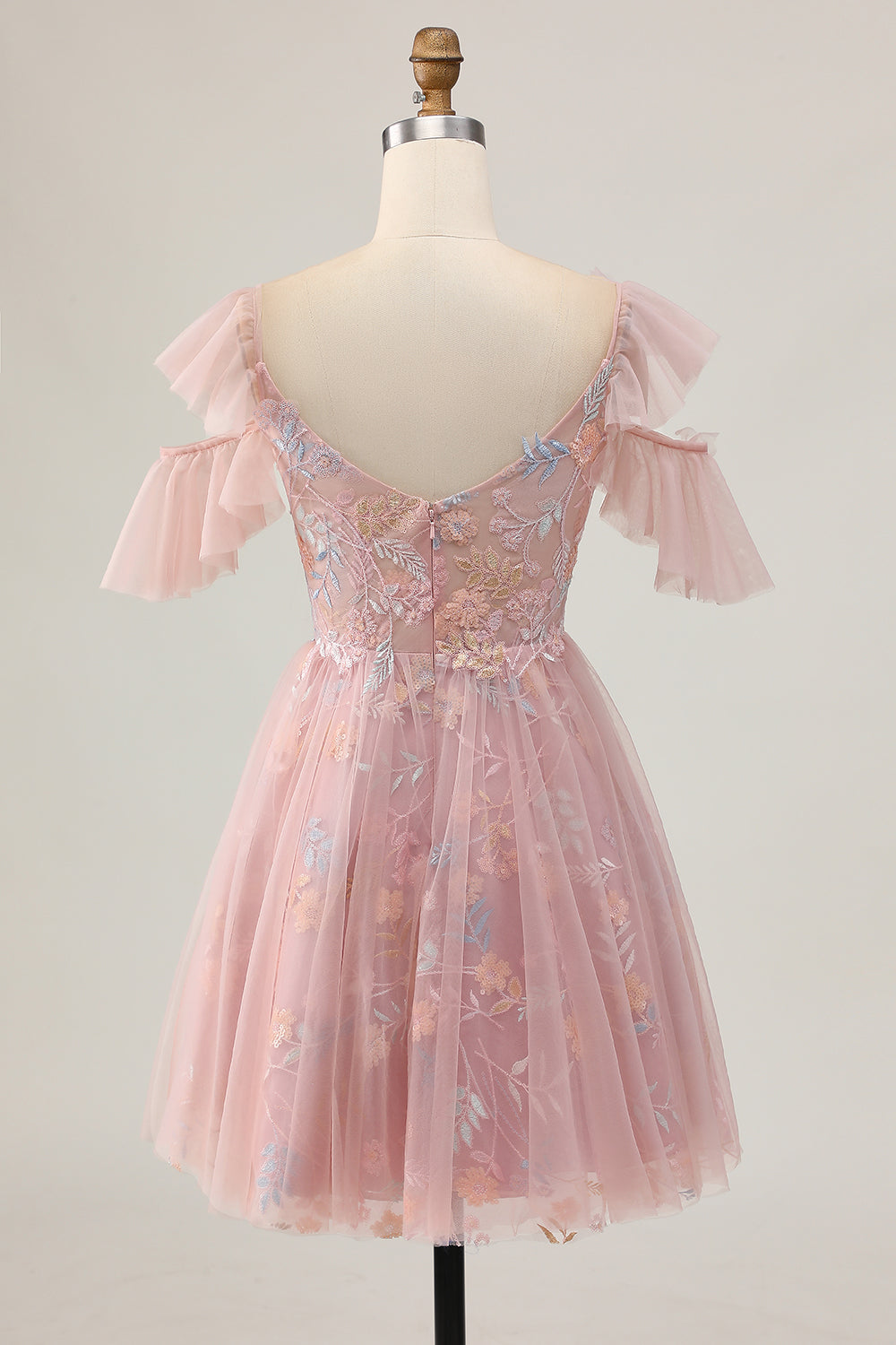 Blush Floral Cold Shoulder Embroidered Short Homecoming Dress with Ruffles