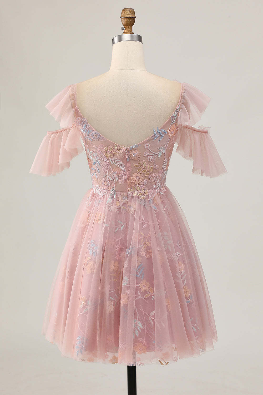Blush Floral Cold Shoulder Embroidered Short Homecoming Dress with Ruffles