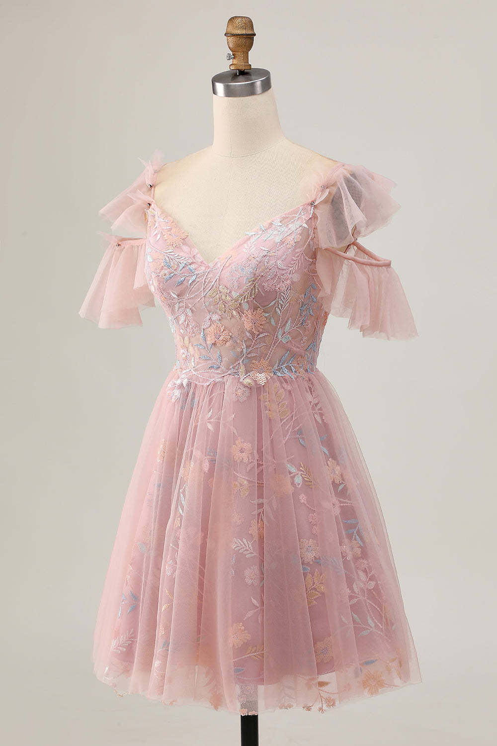 Blush Floral Cold Shoulder Embroidered Short Homecoming Dress with Ruffles