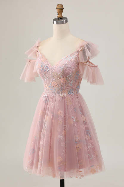 Blush Floral Cold Shoulder Embroidered Short Homecoming Dress with Ruffles