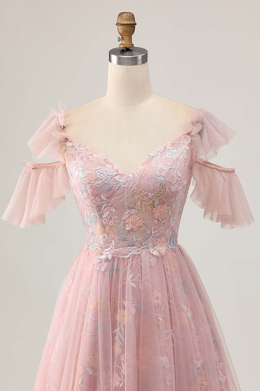 Blush Floral Cold Shoulder Embroidered Short Homecoming Dress with Ruffles