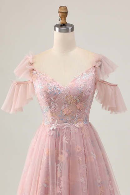 Blush Floral Cold Shoulder Embroidered Short Homecoming Dress with Ruffles