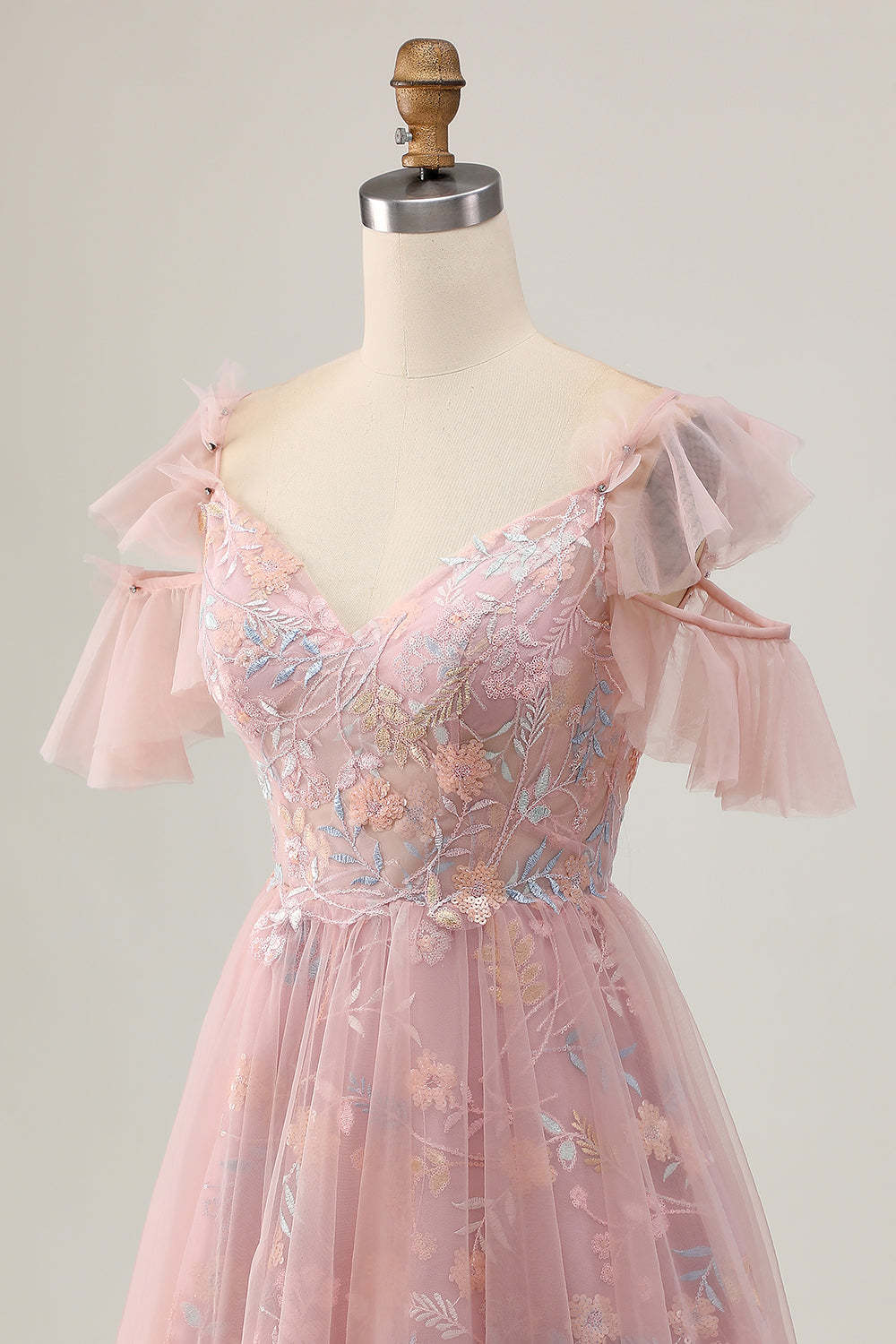 Blush Floral Cold Shoulder Embroidered Short Homecoming Dress with Ruffles