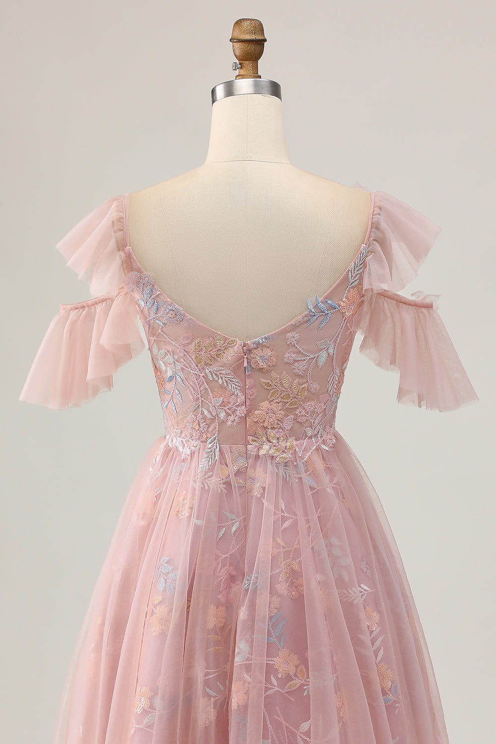 Blush Floral Cold Shoulder Embroidered Short Homecoming Dress with Ruffles