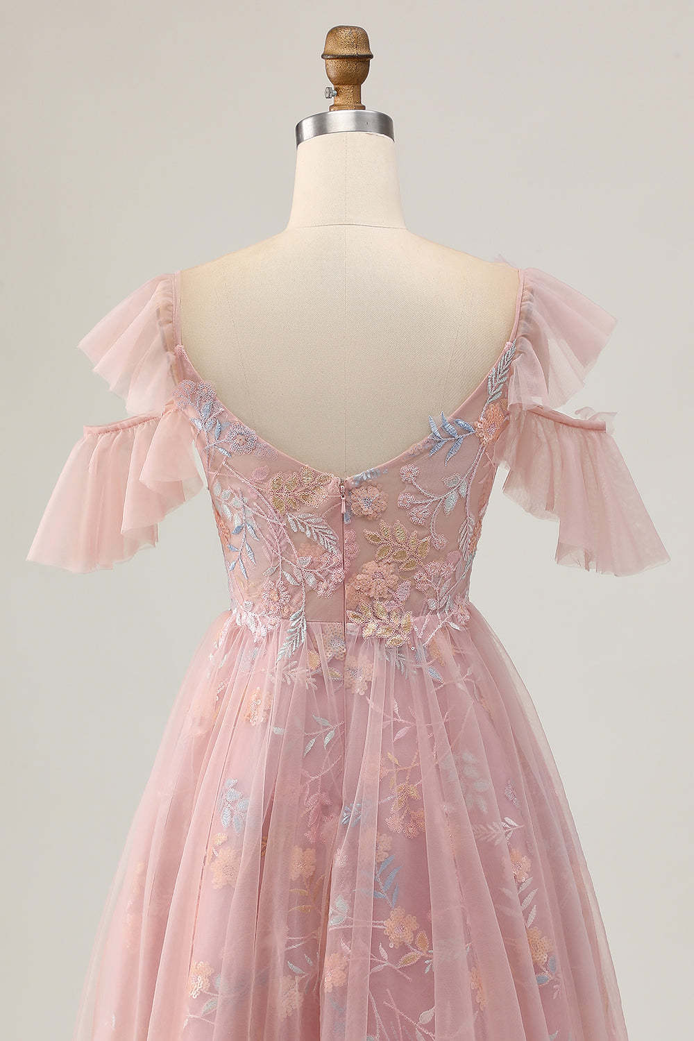 Blush Floral Cold Shoulder Embroidered Short Homecoming Dress with Ruffles