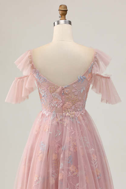 Blush Floral Cold Shoulder Embroidered Short Homecoming Dress with Ruffles