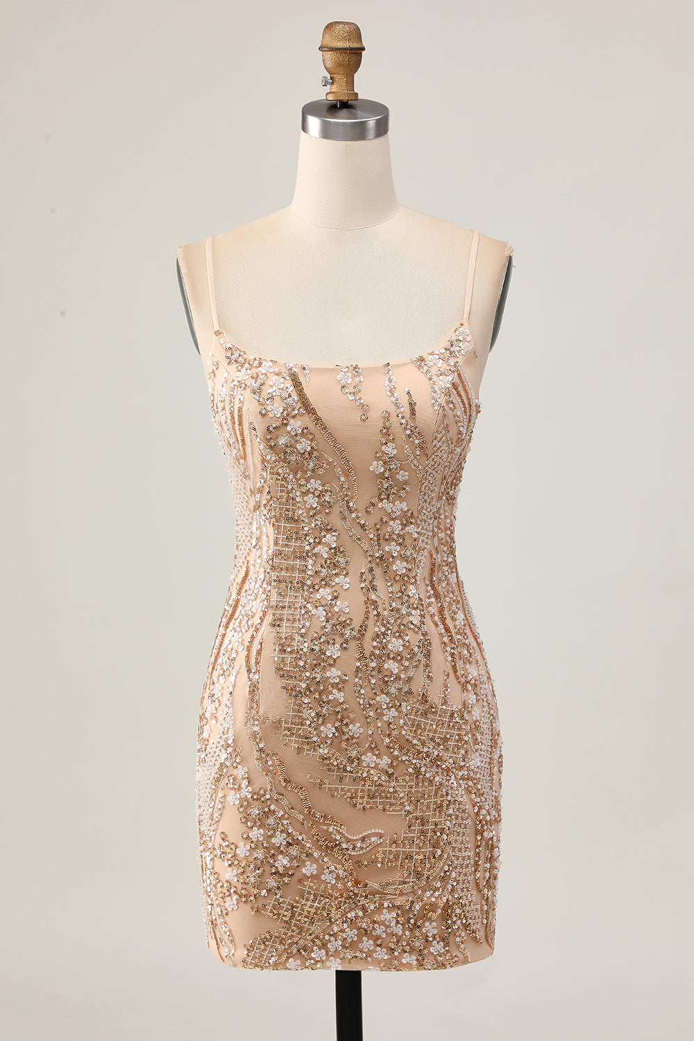 Sparkly Champagne Floral Tight Short Beaded Homecoming Dress