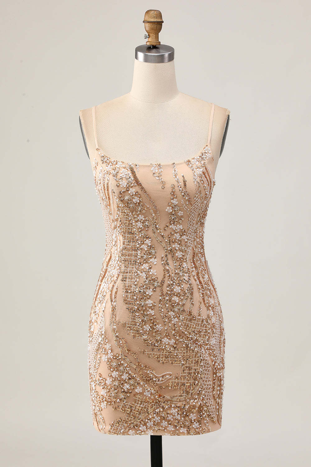 Leely Women Sparkly Champagne Tight Short Homecoming Dress with Beading Floral Scoop Neck Lace Up Back Cocktail Dress with Sequins
