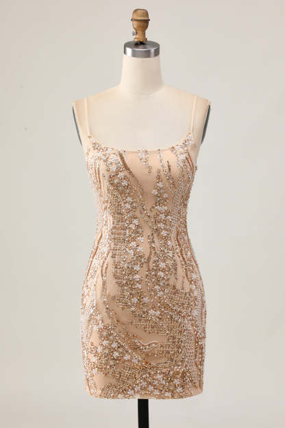 Leely Women Sparkly Champagne Tight Short Homecoming Dress with Beading Floral Scoop Neck Lace Up Back Cocktail Dress with Sequins