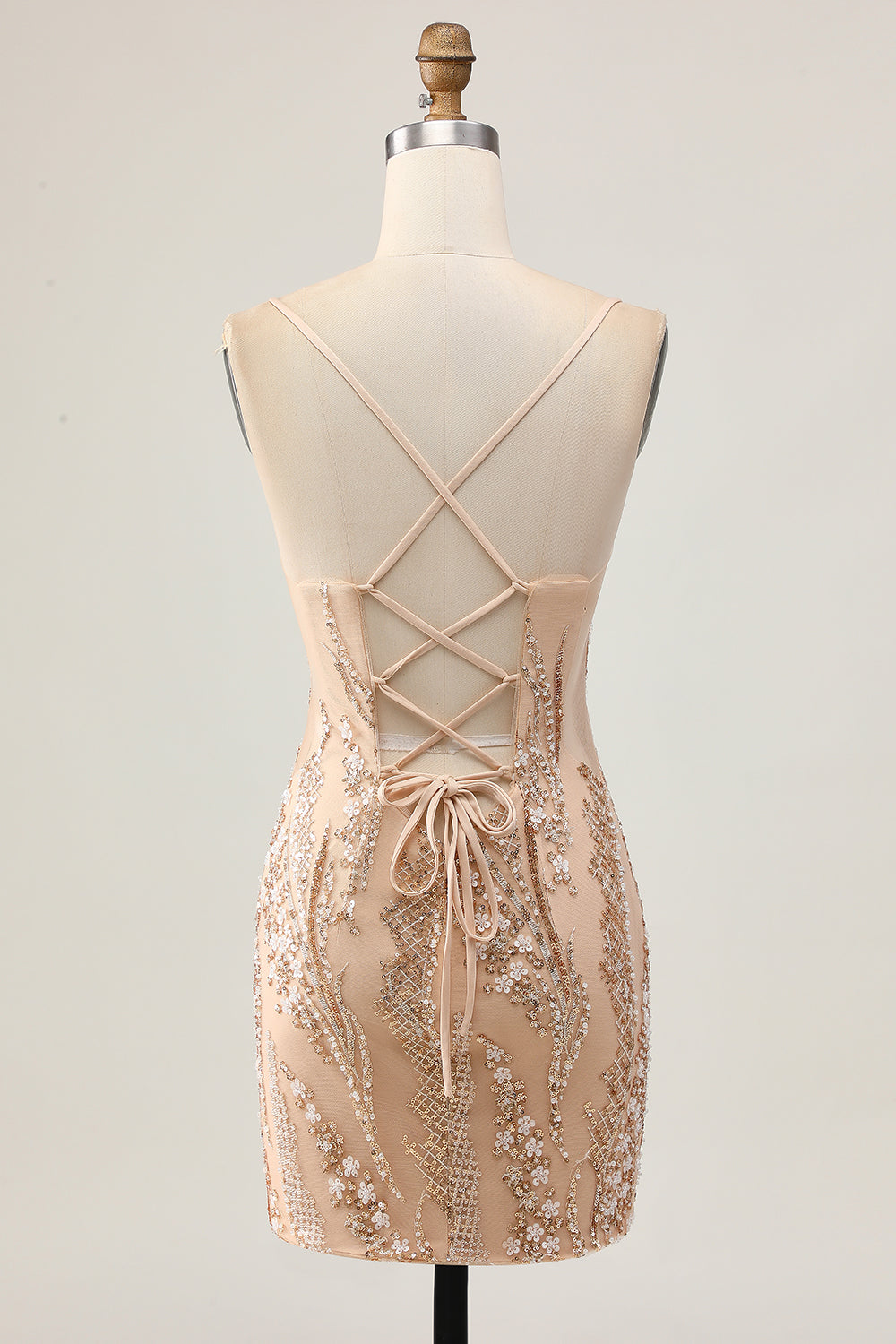 Sparkly Champagne Floral Tight Short Beaded Homecoming Dress
